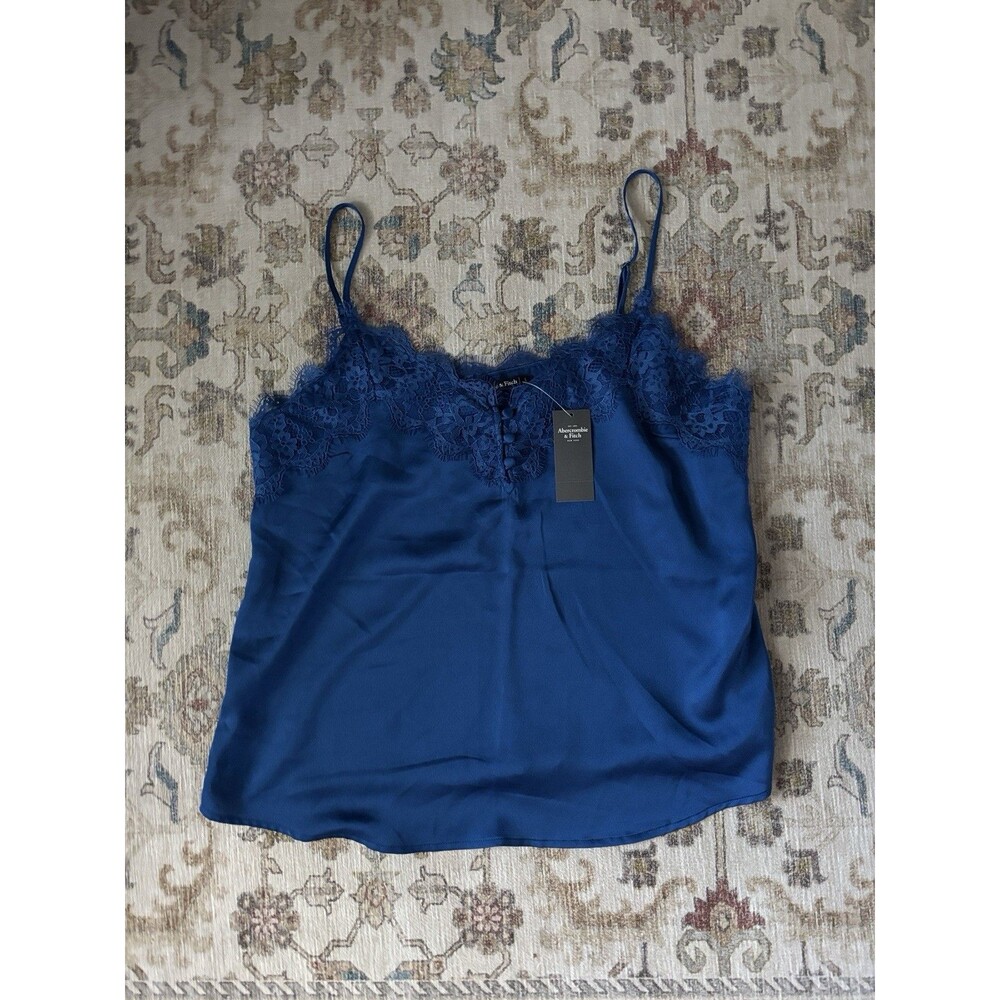 New Abercrombie & Fitch A&F Silky Camisole Top Blue Satin Lace Trim V Neck L